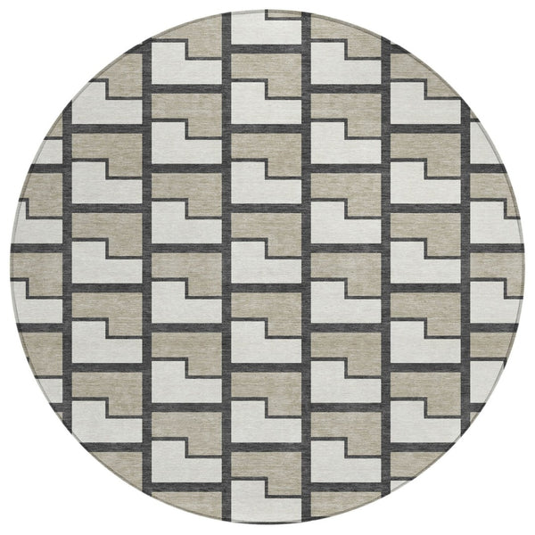 HomeRoots 8' Modern Geometric Ivory and Charcoal Round Area Rug – Washable, Durable for Indoor & Outdoor Use 691142