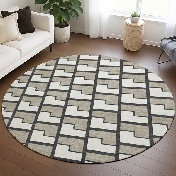 HomeRoots 8' Modern Geometric Ivory and Charcoal Round Area Rug – Washable, Durable for Indoor & Outdoor Use 691142