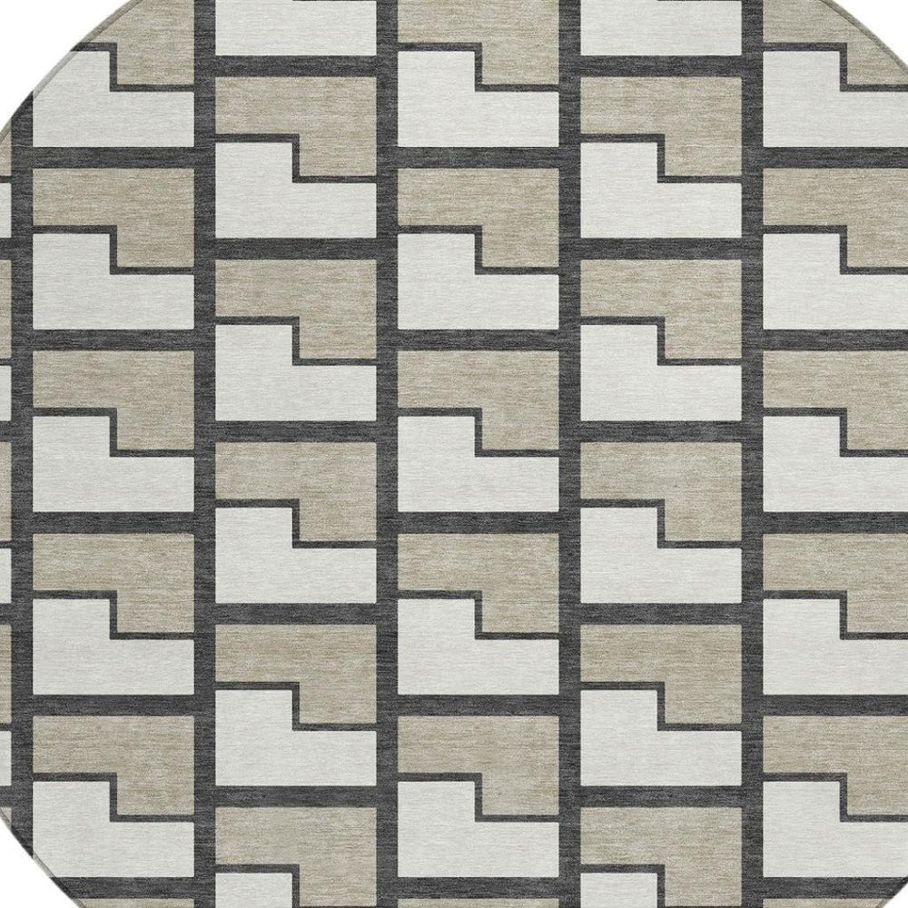 HomeRoots 8' Modern Geometric Ivory and Charcoal Round Area Rug – Washable, Durable for Indoor & Outdoor Use 691142