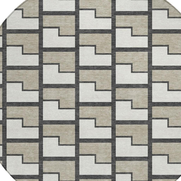 HomeRoots 8' Modern Geometric Ivory and Charcoal Round Area Rug – Washable, Durable for Indoor & Outdoor Use 691142