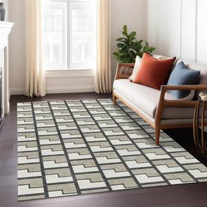 HomeRoots 9' X 12' Ivory Charcoal Geometric Area Rug - Stylish, Washable, Durable for Indoor & Outdoor Use 691144