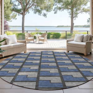 HomeRoots 8' Navy Blue, Gray & Charcoal Round Geometric Rug - Washable, Durable Design for Indoor/Outdoor Use 691148