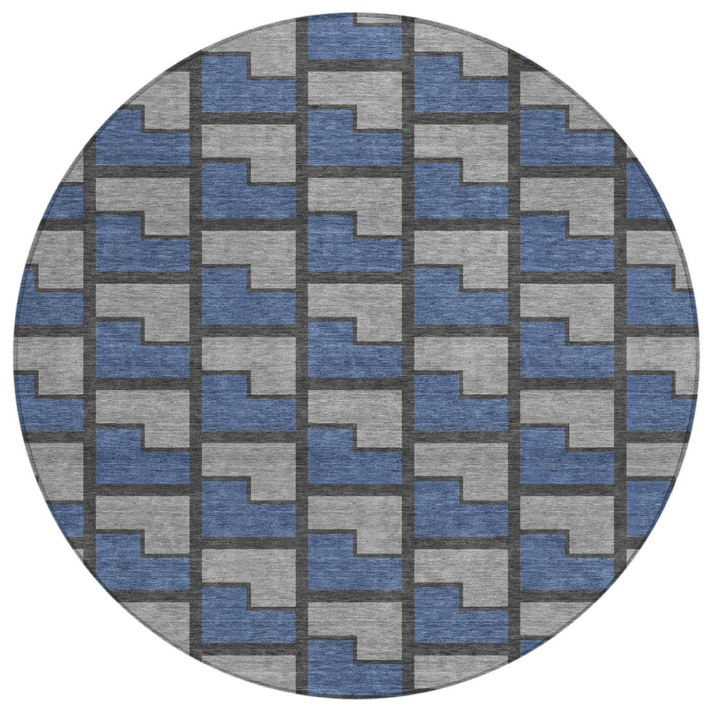 HomeRoots 8' Navy Blue, Gray & Charcoal Round Geometric Rug - Washable, Durable Design for Indoor/Outdoor Use 691148