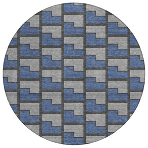 HomeRoots 8' Navy Blue, Gray & Charcoal Round Geometric Rug - Washable, Durable Design for Indoor/Outdoor Use 691148