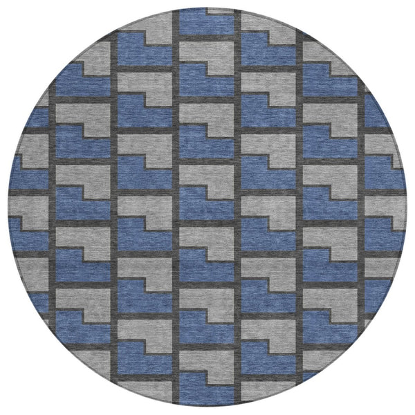HomeRoots 8' Navy Blue, Gray & Charcoal Round Geometric Rug - Washable, Durable Design for Indoor/Outdoor Use 691148