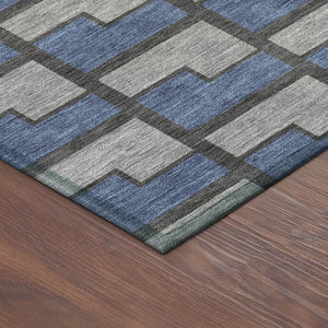 HomeRoots 8' Navy Blue, Gray & Charcoal Round Geometric Rug - Washable, Durable Design for Indoor/Outdoor Use 691148