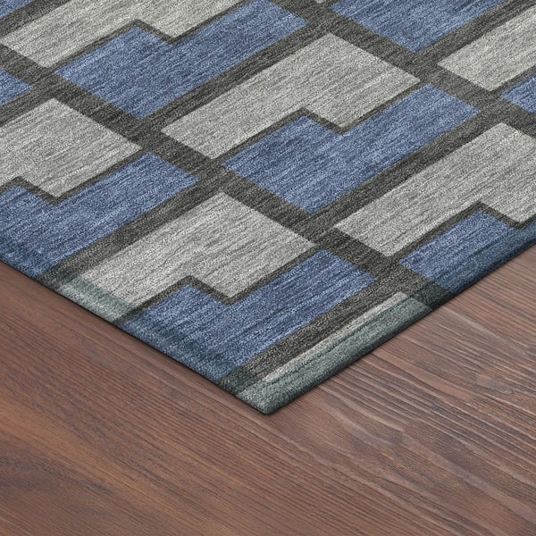 HomeRoots 8' Navy Blue, Gray & Charcoal Round Geometric Rug - Washable, Durable Design for Indoor/Outdoor Use 691148