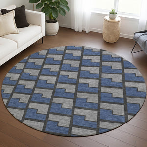 HomeRoots 8' Navy Blue, Gray & Charcoal Round Geometric Rug - Washable, Durable Design for Indoor/Outdoor Use 691148