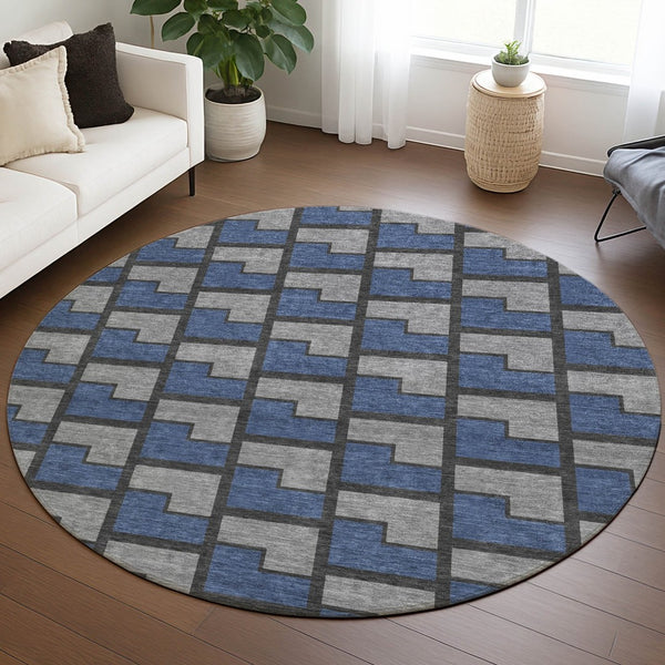 HomeRoots 8' Navy Blue, Gray & Charcoal Round Geometric Rug - Washable, Durable Design for Indoor/Outdoor Use 691148