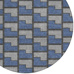HomeRoots 8' Navy Blue, Gray & Charcoal Round Geometric Rug - Washable, Durable Design for Indoor/Outdoor Use 691148
