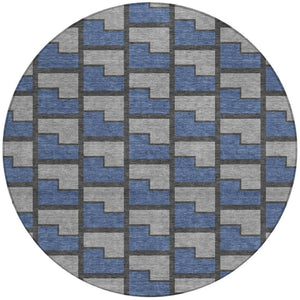 HomeRoots 8' Navy Blue, Gray & Charcoal Round Geometric Rug - Washable, Durable Design for Indoor/Outdoor Use 691148