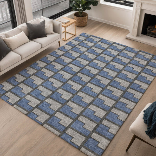 HomeRoots 10' Geometric Washable Area Rug in Navy Blue, Gray & Charcoal – Perfect for Indoor & Outdoor Spaces! 691151