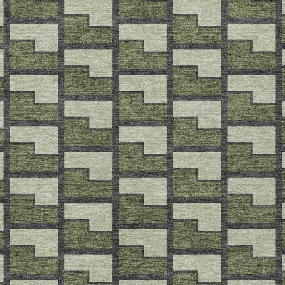 HomeRoots 5' Geometric Washable Area Rug in Olive Green, Beige & Charcoal - Perfect for Indoor & Outdoor Spaces! 691153