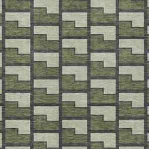 HomeRoots 5' Geometric Washable Area Rug in Olive Green, Beige & Charcoal - Perfect for Indoor & Outdoor Spaces! 691153