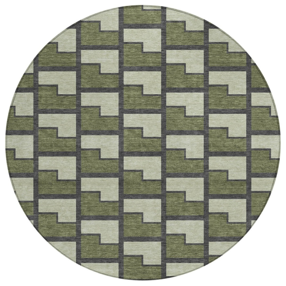 HomeRoots 8' Stylish Olive Green, Beige & Charcoal Round Geometric Washable Area Rug for Indoor & Outdoor Use 691154