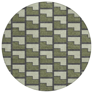 HomeRoots 8' Stylish Olive Green, Beige & Charcoal Round Geometric Washable Area Rug for Indoor & Outdoor Use 691154