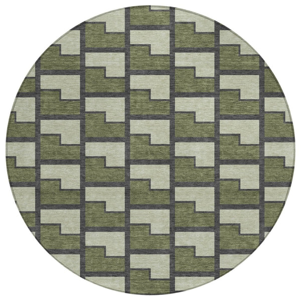 HomeRoots 8' Stylish Olive Green, Beige & Charcoal Round Geometric Washable Area Rug for Indoor & Outdoor Use 691154