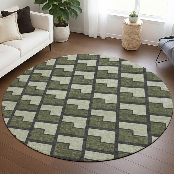 HomeRoots 8' Stylish Olive Green, Beige & Charcoal Round Geometric Washable Area Rug for Indoor & Outdoor Use 691154
