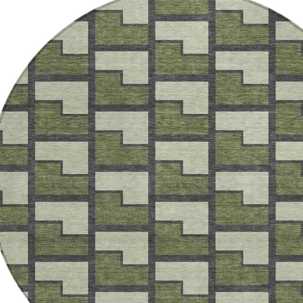 HomeRoots 8' Stylish Olive Green, Beige & Charcoal Round Geometric Washable Area Rug for Indoor & Outdoor Use 691154