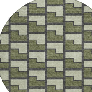 HomeRoots 8' Stylish Olive Green, Beige & Charcoal Round Geometric Washable Area Rug for Indoor & Outdoor Use 691154