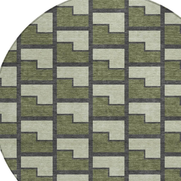 HomeRoots 8' Stylish Olive Green, Beige & Charcoal Round Geometric Washable Area Rug for Indoor & Outdoor Use 691154