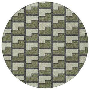 HomeRoots 8' Stylish Olive Green, Beige & Charcoal Round Geometric Washable Area Rug for Indoor & Outdoor Use 691154