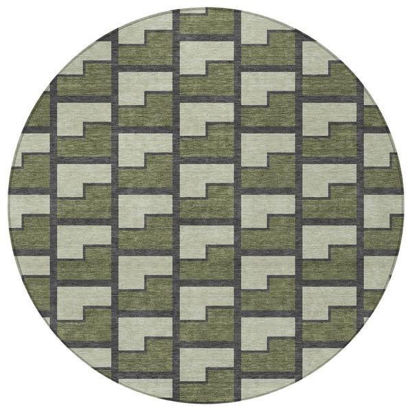 HomeRoots 8' Stylish Olive Green, Beige & Charcoal Round Geometric Washable Area Rug for Indoor & Outdoor Use 691154