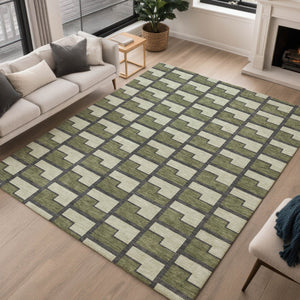 HomeRoots 10' Modern Olive Green, Beige & Charcoal Geometric Area Rug - Washable, Indoor/Outdoor Comfort 691157
