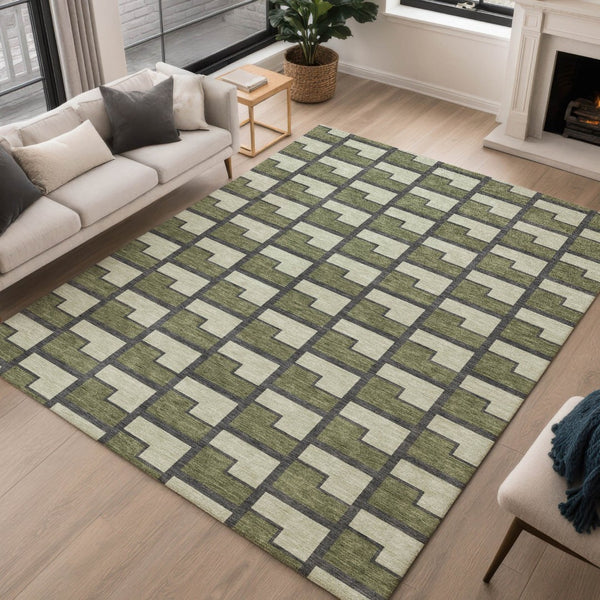 HomeRoots 10' Modern Olive Green, Beige & Charcoal Geometric Area Rug - Washable, Indoor/Outdoor Comfort 691157
