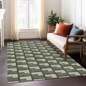 HomeRoots 10' Modern Olive Green, Beige & Charcoal Geometric Area Rug - Washable, Indoor/Outdoor Comfort 691157