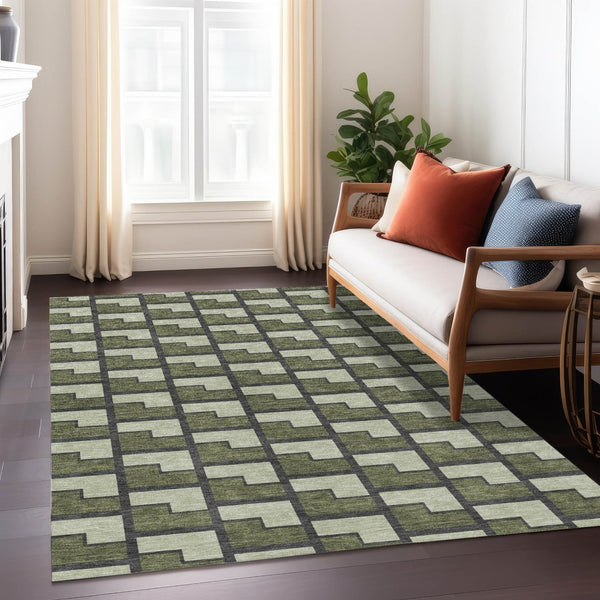 HomeRoots 10' Modern Olive Green, Beige & Charcoal Geometric Area Rug - Washable, Indoor/Outdoor Comfort 691157
