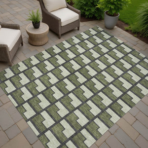HomeRoots 10' Modern Olive Green, Beige & Charcoal Geometric Area Rug - Washable, Indoor/Outdoor Comfort 691157