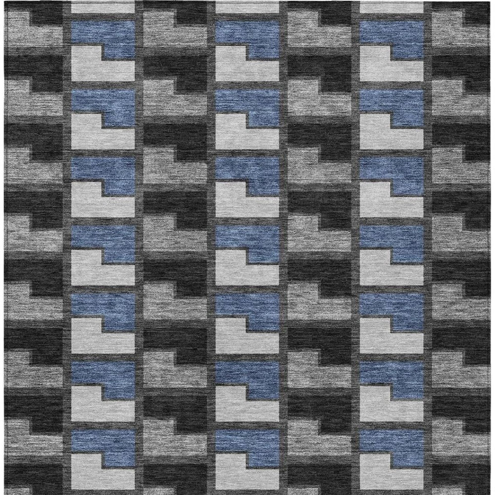 HomeRoots 5' Geometric Washable Area Rug in Black, Blue & Gray - Stylish Indoor/Outdoor Design for All Spaces 691159