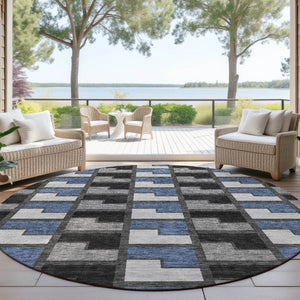 HomeRoots 8' Modern Round Geometric Area Rug in Black, Blue & Gray - Washable & Durable for Indoor/Outdoor Use 691160
