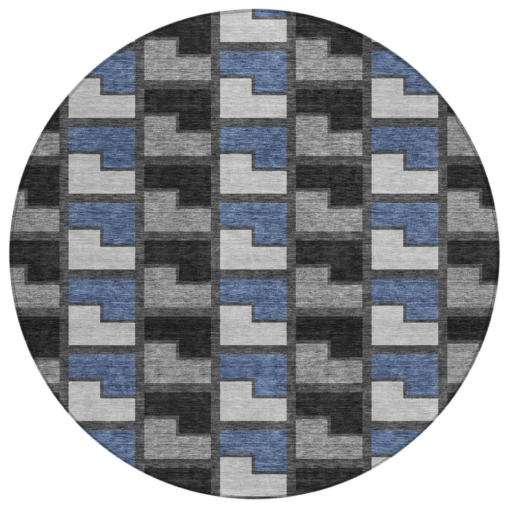 HomeRoots 8' Modern Round Geometric Area Rug in Black, Blue & Gray - Washable & Durable for Indoor/Outdoor Use 691160