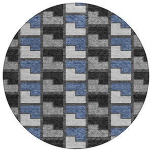 HomeRoots 8' Modern Round Geometric Area Rug in Black, Blue & Gray - Washable & Durable for Indoor/Outdoor Use 691160