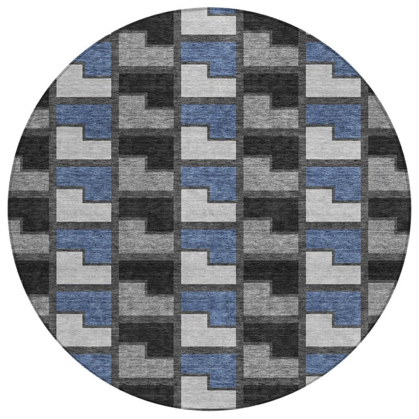 HomeRoots 8' Modern Round Geometric Area Rug in Black, Blue & Gray - Washable & Durable for Indoor/Outdoor Use 691160