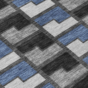 HomeRoots 8' Modern Round Geometric Area Rug in Black, Blue & Gray - Washable & Durable for Indoor/Outdoor Use 691160