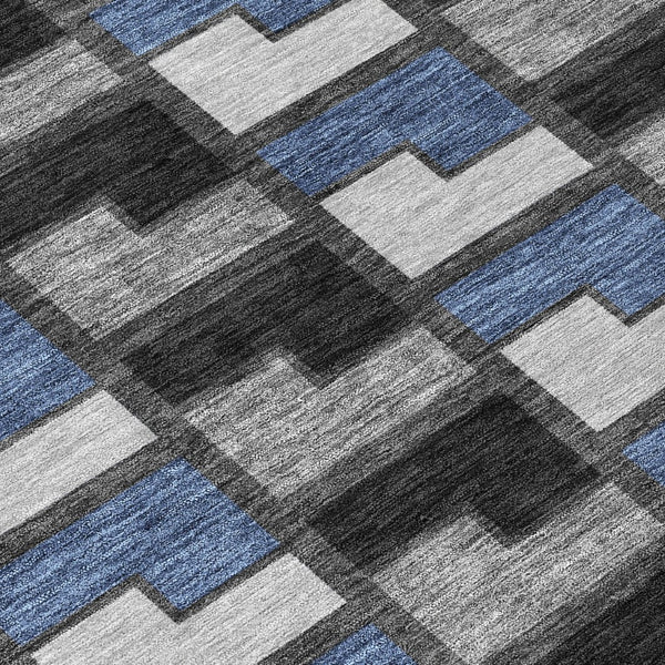 HomeRoots 8' Modern Round Geometric Area Rug in Black, Blue & Gray - Washable & Durable for Indoor/Outdoor Use 691160