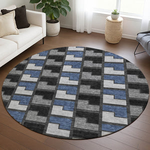 HomeRoots 8' Modern Round Geometric Area Rug in Black, Blue & Gray - Washable & Durable for Indoor/Outdoor Use 691160
