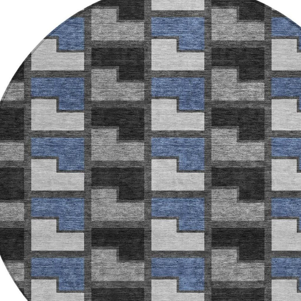 HomeRoots 8' Modern Round Geometric Area Rug in Black, Blue & Gray - Washable & Durable for Indoor/Outdoor Use 691160