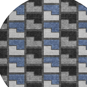 HomeRoots 8' Modern Round Geometric Area Rug in Black, Blue & Gray - Washable & Durable for Indoor/Outdoor Use 691160