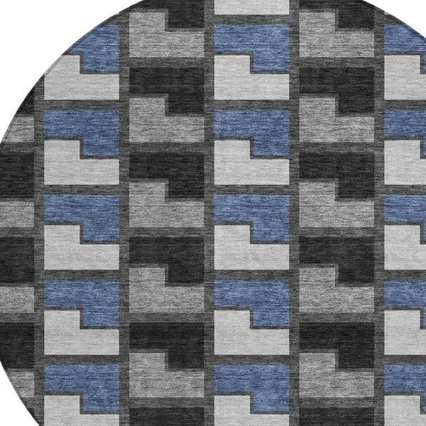 HomeRoots 8' Modern Round Geometric Area Rug in Black, Blue & Gray - Washable & Durable for Indoor/Outdoor Use 691160