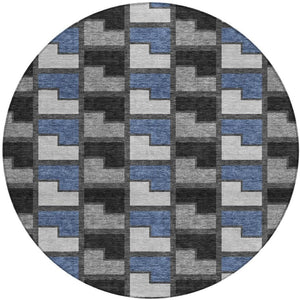 HomeRoots 8' Modern Round Geometric Area Rug in Black, Blue & Gray - Washable & Durable for Indoor/Outdoor Use 691160