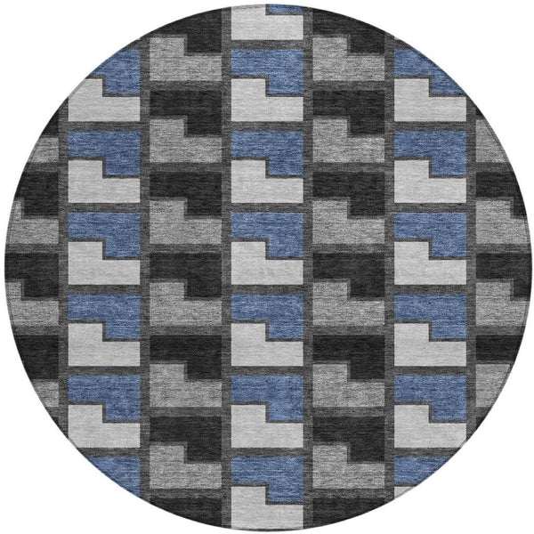 HomeRoots 8' Modern Round Geometric Area Rug in Black, Blue & Gray - Washable & Durable for Indoor/Outdoor Use 691160