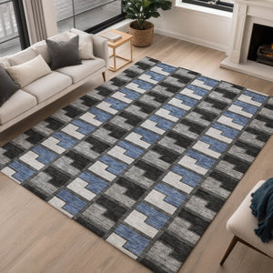 HomeRoots 9' Stylish Black, Blue & Gray Geometric Washable Area Rug for Indoor & Outdoor Spaces - Durable! 691162