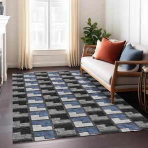 HomeRoots 9' Stylish Black, Blue & Gray Geometric Washable Area Rug for Indoor & Outdoor Spaces - Durable! 691162