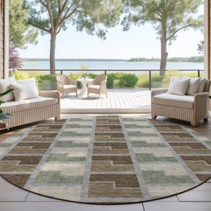 HomeRoots 8' Round Geometric Area Rug in Chocolate Gray & Beige - Washable, Indoor/Outdoor, Durable Design 691166