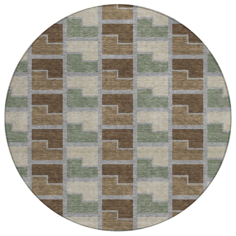 HomeRoots 8' Round Geometric Area Rug in Chocolate Gray & Beige - Washable, Indoor/Outdoor, Durable Design 691166
