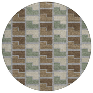 HomeRoots 8' Round Geometric Area Rug in Chocolate Gray & Beige - Washable, Indoor/Outdoor, Durable Design 691166